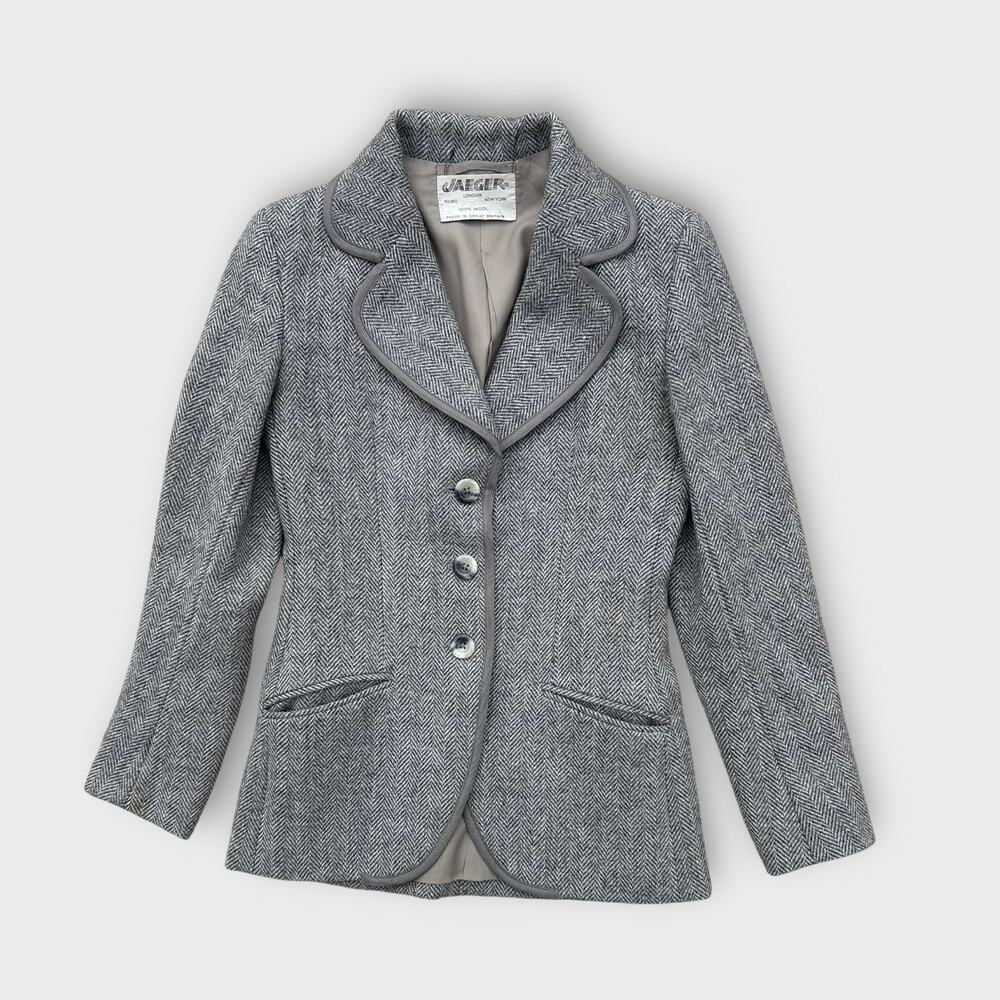 Vintage Jaeger Wool Blazer Women's 6 Gray Herringbone Preppy Tailored Academic